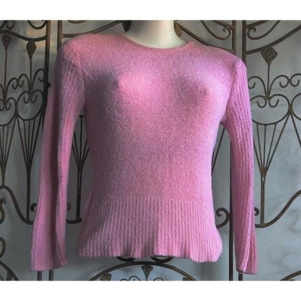 Pandemonium Pink Ribbed Boucle Knit Crew Neck Long Sleeve Sweater Small